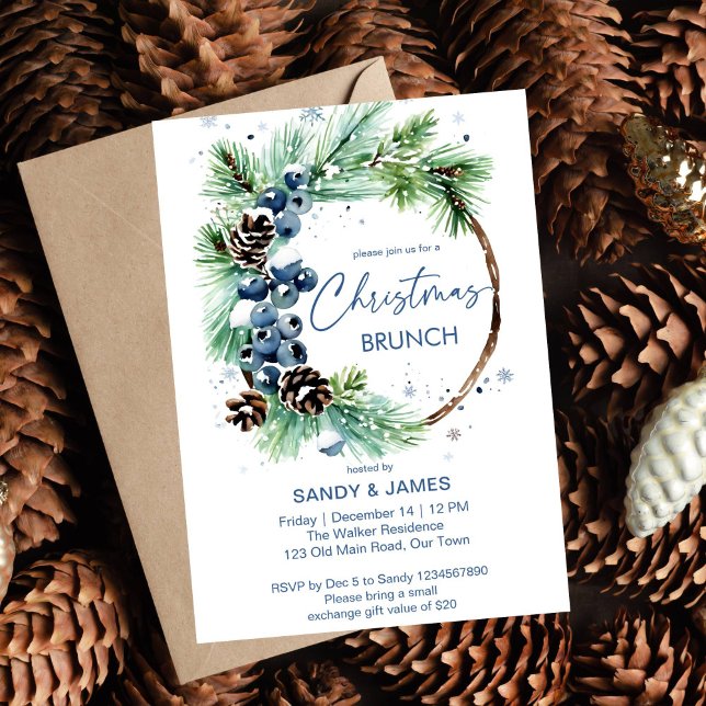 Navidades brunch pine wreath plantilla (Christmas brunch editable  template invitation digital download watercolor pine wreath pine cones )