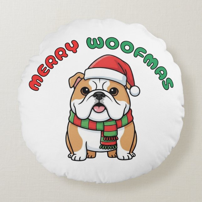 Navidades Bulldog Almohada redonda: Merry Woofmas (Anverso)