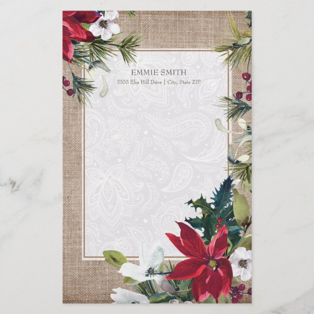 Navidades Burlap Lace Poinsettias Hojas verdes (Anverso)