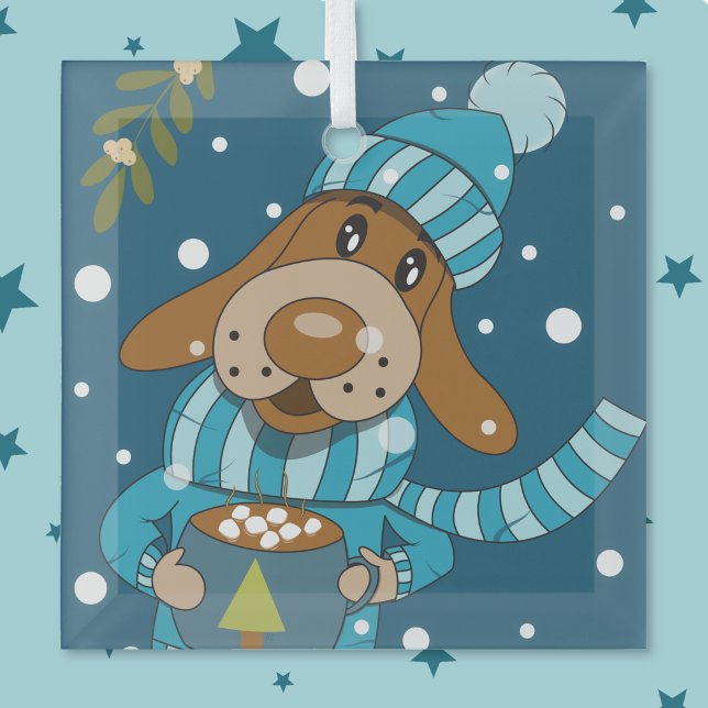Navidades cachorro con adorno de vidrio de cacao c (Cartoon dog Christmas blue glass ornament .)