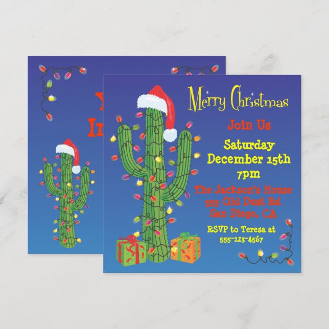 Navidades Cactus con invitaciones de Santa Hat (Anverso / Reverso)