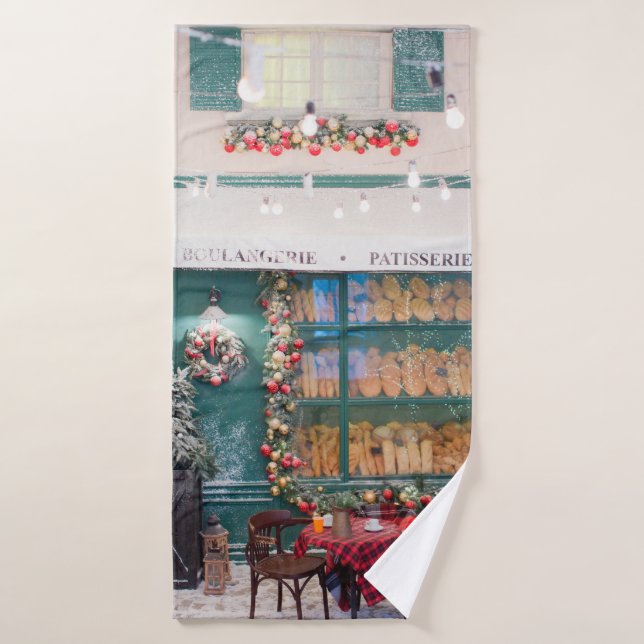 Navidades café panadería exterior con deco Navidad (Toalla de baño)