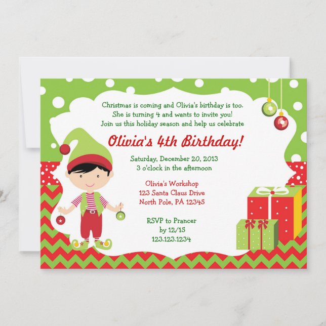 Navidades Chevron Boy Elf Invitación al cumpleaños (Anverso)