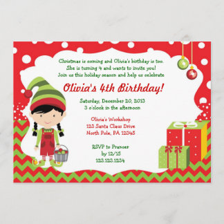 Navidades Chevron Chica Elf Invitación de cumpleañ