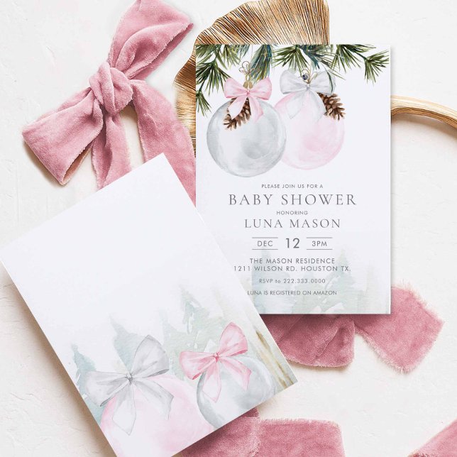 Navidades Chica Baby Shower Invitación (Pink Christmas Winter Girl Baby Shower Invitation)