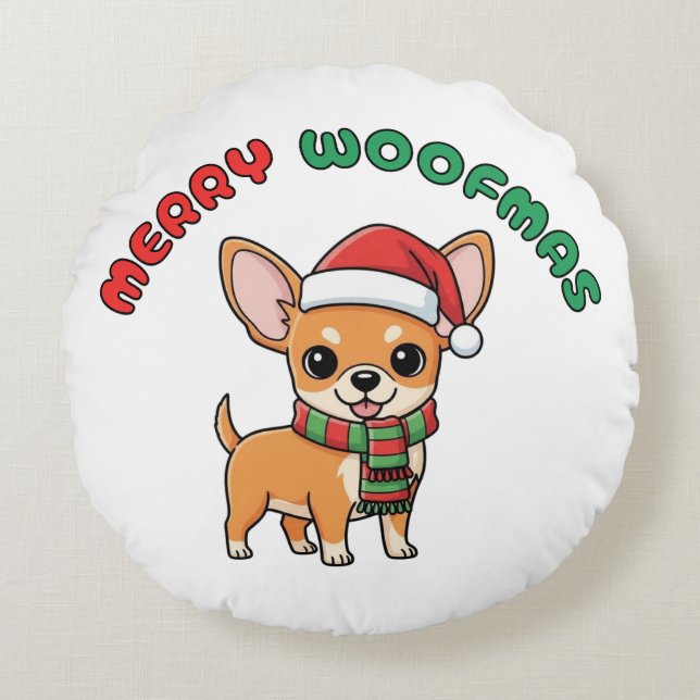 Navidades Chihuahua Almohada redonda: Merry Woofma (Anverso)