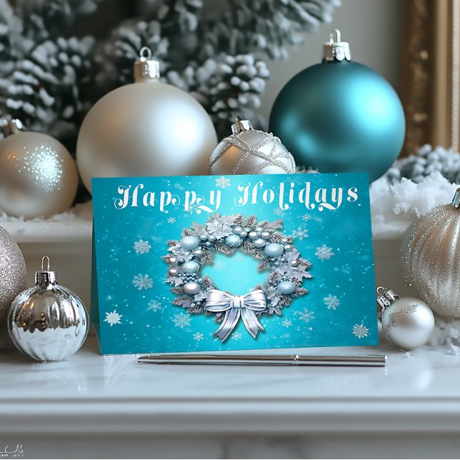 Navidades clásicos de guirnaldas azul turquesa y p (Winter Blue  and Silver Wreath Happy Holiday Christmas Card )