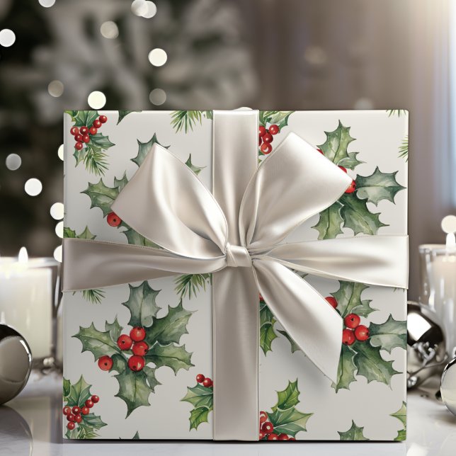 Navidades Clásicos Holly Y Berries Envuelven Papel (Classic Holly And Berries Christmas Wrapping Paper)
