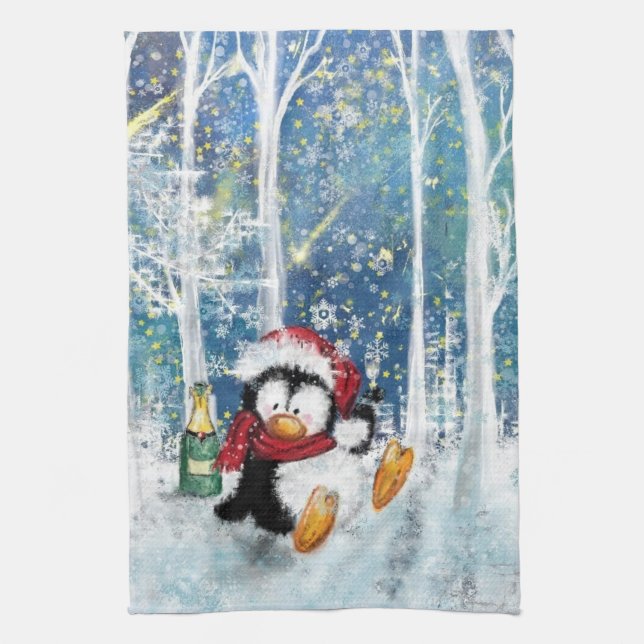 Navidades cocina toalla con pingüino feliz (Vertical)
