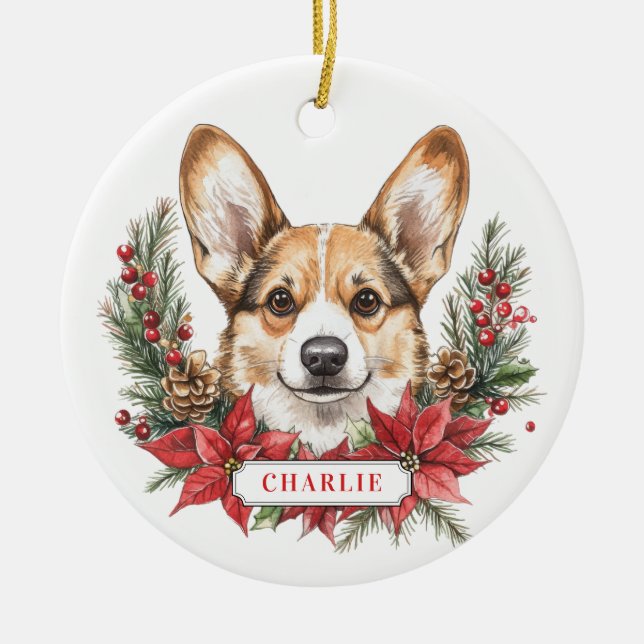 Navidades Corgi Perro Círculo cerámico Ornamento (Frente)