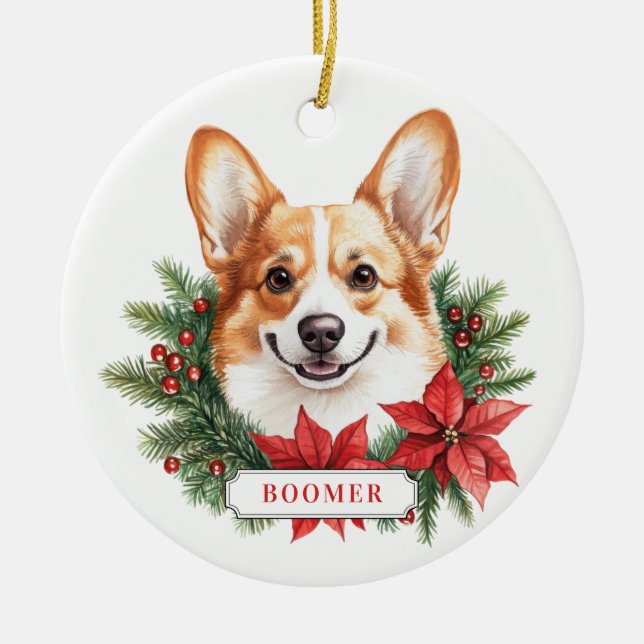 Navidades Corgi Perro Círculo cerámico Ornamento (Frente)