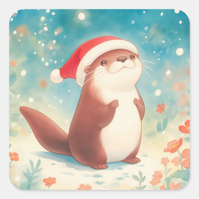 Navidades cortos Otter Pegatina con Santa Hat (Anverso)