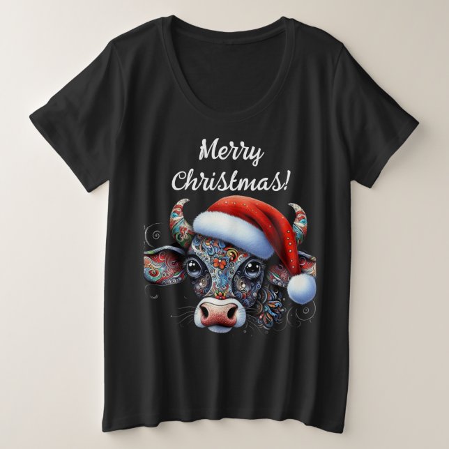 Navidades Cow Bull con Santa Hat Arte Popular Mexi (Anverso del diseño)