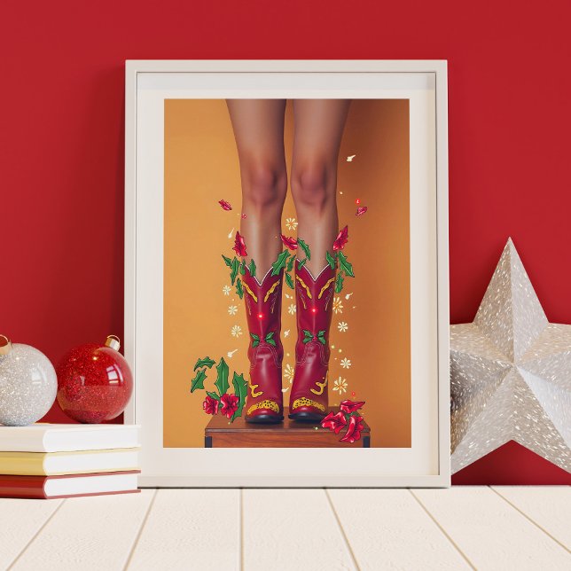 Navidades Cowboy Boots Poster arte en pared (Christmas cowboy boots wall art poster design.  Multiple sizes available.)