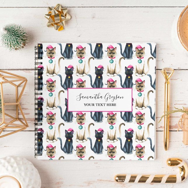 Navidades de acuarela Cats Cuaderno personalizado (Watercolor Christmas cats black and siamese art by Victoria Grigaliunas Do Tell A Belle)
