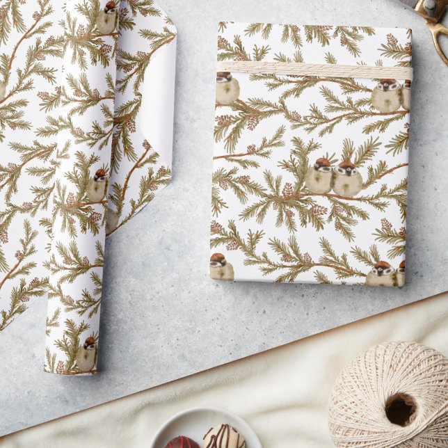 Navidades de acuarela de pino de aves Papel envuel (Subido por el creador)