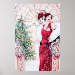 Navidades de arte deco retro vintage dama poster
