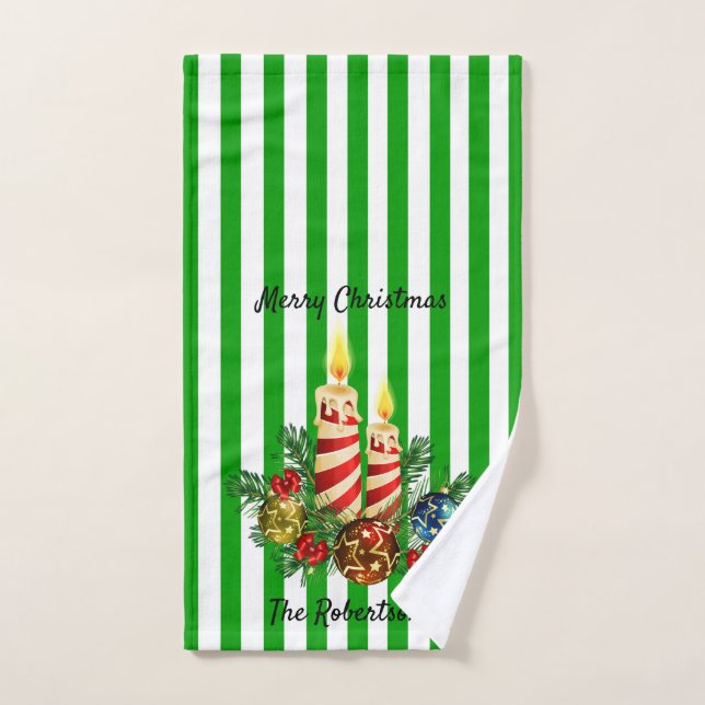 Navidades de baño invitados Stripe Personalize Nom (Toalla de mano)
