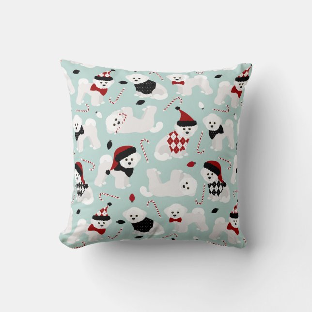 Navidades de Bichon Frise Cojín decorativo azul (Anverso)