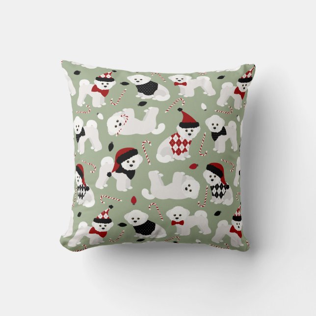 Navidades de Bichon Frise Cojín decorativo Verde (Anverso)