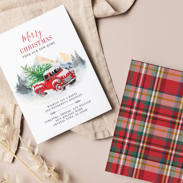 Navidades de cambio de dirección en vacaciones (Plaid Red Truck Christmas Holiday Moving Announcement)