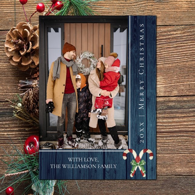 Navidades de Candy Canes Rústicos | Tarjeta fotogr (Blue Rustic Candy Canes Christmas Photo Card)