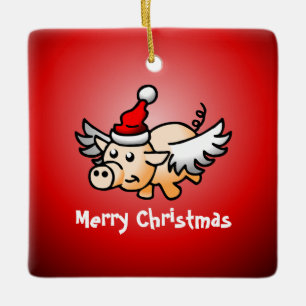 Navidades de cerdo voladores Ornamento cerámico