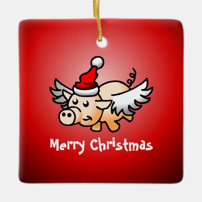 Navidades de cerdo voladores Ornamento cerámico (Anverso)