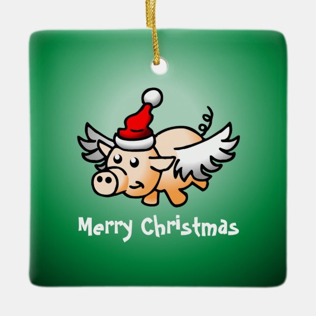 Navidades de cerdo voladores Ornamento cerámico (Anverso)