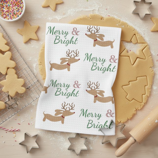 Navidades de Dachshund toalla de baño brillante (Merry & Bright Dachshund Christmas dish towel featuring little dachshunds with reindeer antlers )