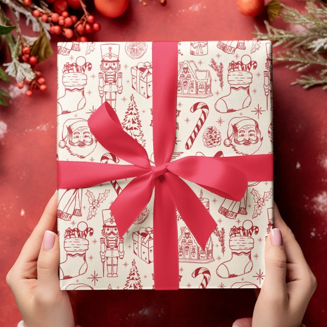 Navidades de Doodle Rojo Retro Envuelto Papel (Subido por el creador)