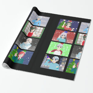 Navidades de estilo anime envolviendo papel