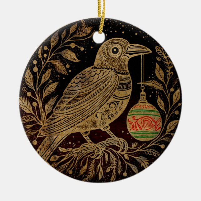 Navidades de estilo Woodcut raven con ornamento (Frente)