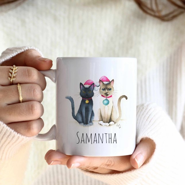 Navidades de felino lindo café tazas (Christmas coffee mugs feature a black cat and a siamese cat in watercolor by Victoria Grigaliunas)