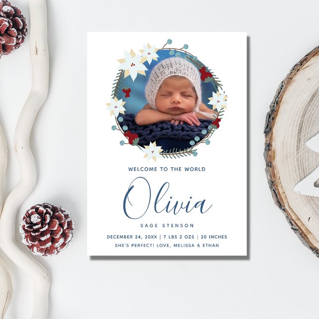 Navidades de foto para el anuncio de nacimiento de (Baby Birth Announcement Photo Christmas Holiday Card)