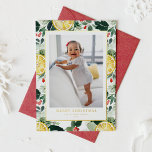 Navidades de fotografía del patrón de cítricos y v<br><div class="desc">Feliz Navidad! Dé a su familia y amigos cálidos saludos de vacaciones con esta tarjeta de Navidades de Relieve metalizado de oro de personalizable. Presenta un patrón botánico acuarela de mora roja. Personalice esta tarjeta de vacaciones acuática añadiendo sus propios detalles. Esta tarjeta de Navidades botánicos rojos está disponible en...</div>