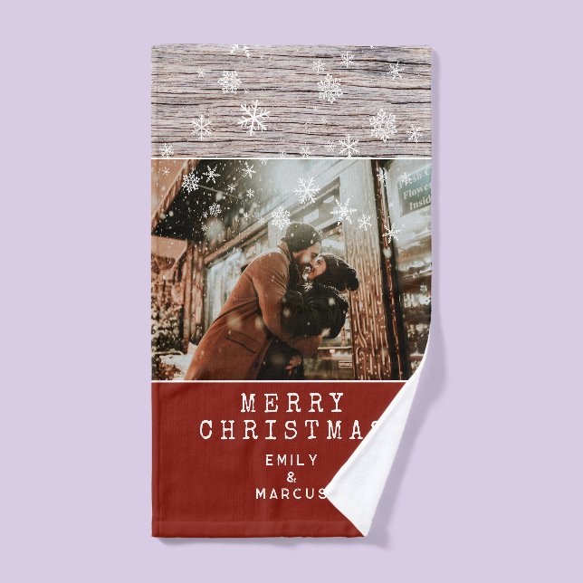 Navidades de fotos de copas de nieve de madera rús (Toalla de mano)