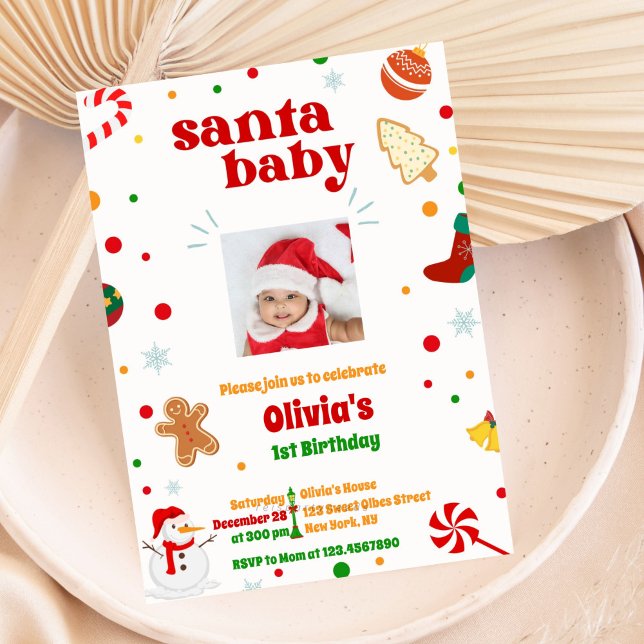 Navidades de fotos de Santa Bebé Invitación al pri (Christmas Photo Invitation, Santa Baby, Christmas Birthday Invite, Cute Christmas Invite, Holiday Th)