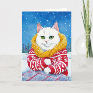 Navidades de gato blanco o tarjeta de invierno