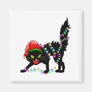 Navidades de gato negro iluminan imán cuadrado