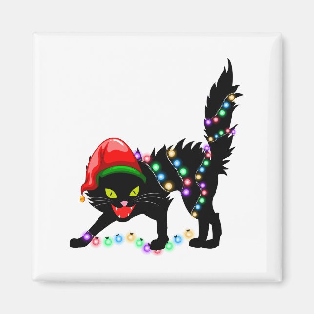 Navidades de gato negro iluminan imán cuadrado (Frente)