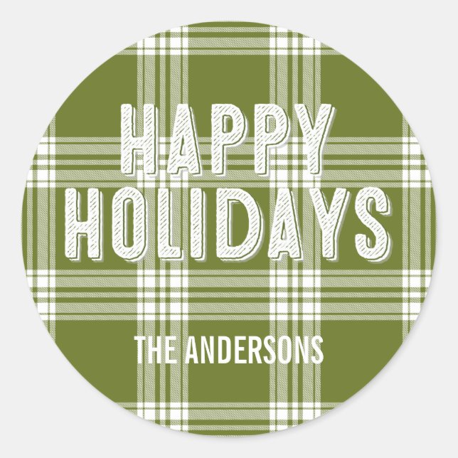 Navidades de Green Plaid Pegatina Felices Fiestas (Anverso)