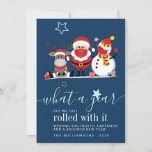 Navidades de guión de Cute Santa Reindeer Snowman<br><div class="desc">Personalizar esta linda tarjeta de Navidades "Qué año" con tu propio mensaje o borra pulsando sobre el botón "Personalizar esto" de arriba. Traigan a algunos Navidades a aplaudir este año con esta graciosa y linda tarjeta de personalizable</div>