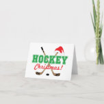 Navidades de hockey con tarjeta roja y verde con S<br><div class="desc">navidades de hockey con sombrero de santa y palos de hockey</div>