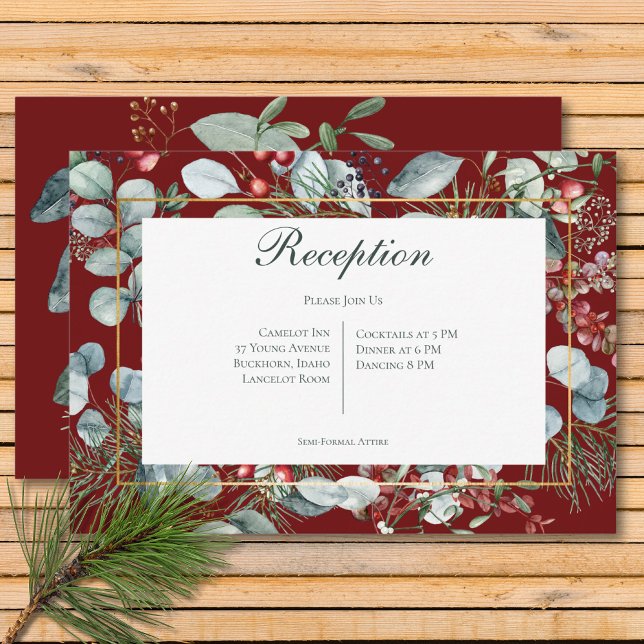 Navidades de invierno Boda de recepción roja verde (Winter Christmas Greenery Red Reception Wedding Enclosure Card)