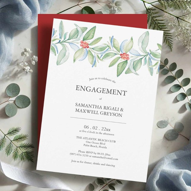 Navidades de invitaciones de la fiesta de compromi (Engagement party invitations watercolor Christmas botanicals by Victoria Grigaliunas Do Tell A Belle)