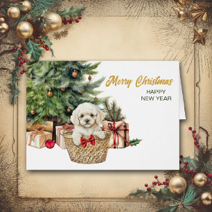 Navidades de la cesta de mimbre de caniche de perr