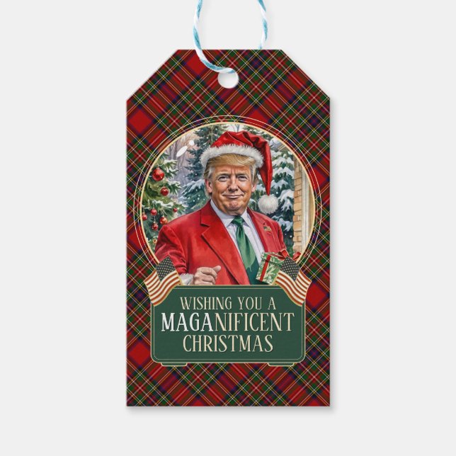 NAVIDADES de MAGA Tartan Plaid Trump Gift Etiqueta (Anverso)