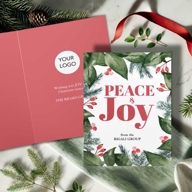 Navidades de negocios Tarjetas de agua Botánica (Business Christmas cards with logo watercolor botanicals in red and green with the word Joy)