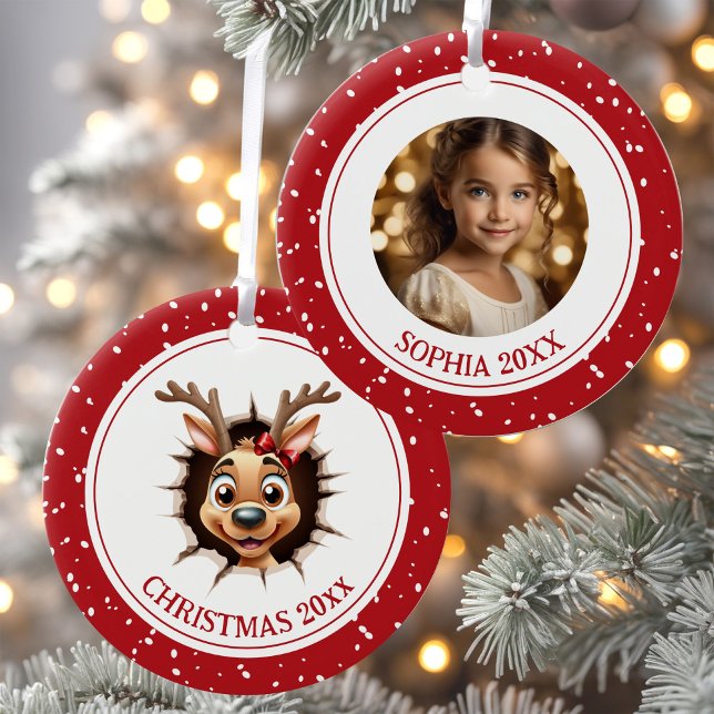Navidades de nombre de Chica de renos Ornamento de (Funny Happy Reindeer Girl Christmas Photo Ornament)